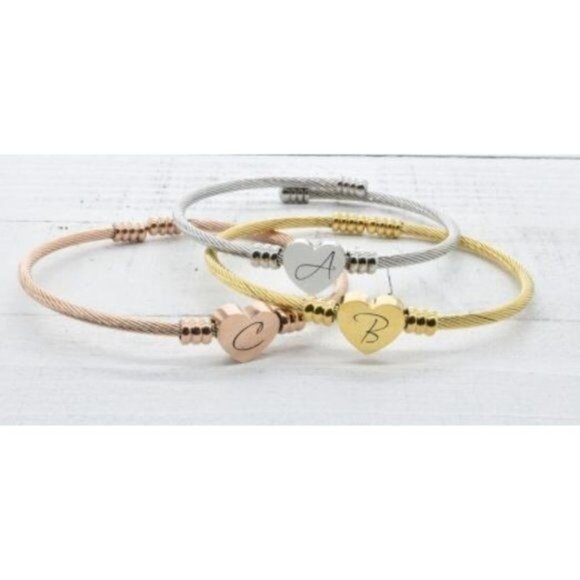 NEW SILVER C INITIAL LETTER Heart Cable Bangle Rotating Heart HYPOALLERGENIC - Picture 2 of 2